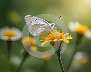 Bright beautiful white butterfly on exotic yellow flower on green background in nature spring summer