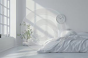 Bright bedroom with a clock casting shadows, suggesting early morning wakefulness