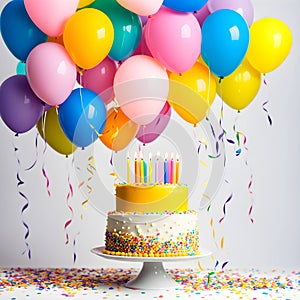 Bright big beautiful birthday cake with candles and many colorful balloons and confetti on a white background. Concept for