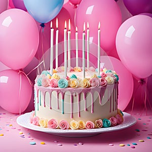 Bright big beautiful birthday cake with candles and many pink balloons and confetti on a pink background. Concept for celebrating