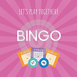 Bright bingo banner for lottery promotion with pink background, balls and tickets