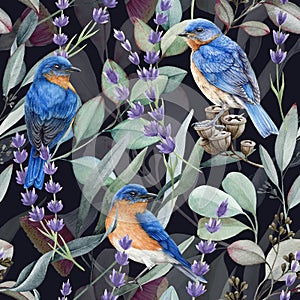 Bright birds tree branches and flowers seamless pattern. Watercolor illustration. Bluebirds, lavender flowers