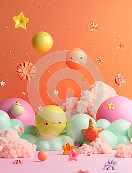 Bright birthday card, children\'s theme, 3D style, cartoon