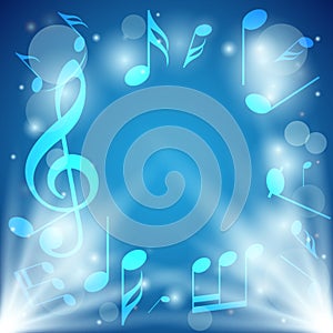 Bright blue abstract vector background with notes and bokeh