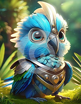 bright blue baby parrot, adorable big eyes, in Knight armor and helmet. AI Generative