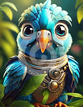 bright blue baby parrot, adorable big eyes, in Knight armor and helmet. AI Generative