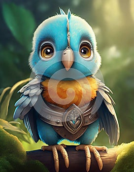 bright blue baby parrot, adorable big eyes, in Knight armor and helmet. AI Generative