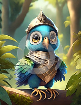 bright blue baby parrot, adorable big eyes, in Knight armor and helmet. AI Generative