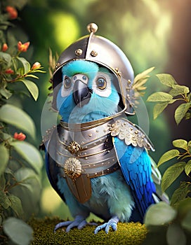 bright blue baby parrot, adorable big eyes, in Knight armor and helmet. AI Generative