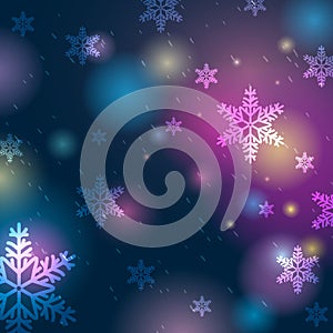 Bright blue background with bokeh and snowflakes, vector