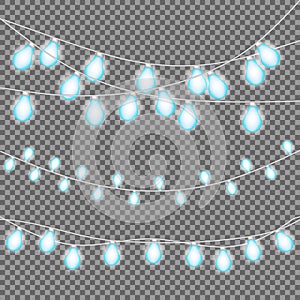 Bright blue Christmas lights isolated realistic design elements. Glowing lights for Party, Holiday, New Year, birthday