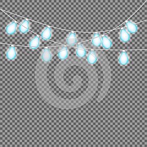 Bright blue Christmas lights isolated realistic design elements. Glowing lights for Party, Holiday, New Year, birthday