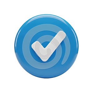 A bright blue circular button with a white checkmark symbol isolated on white background