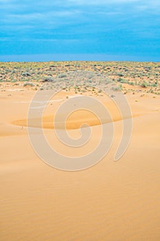 Bright blue cloudy sky over the yellow desert of Kyzylkum Kazakhstan