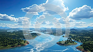 Bright Blue Cloudy Sunny Sky on Sea Mountains and Rainforest Cloudscape Background