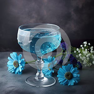 Bright blue cocktail in a nick and crystal glass garnished with a flower