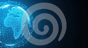 A bright blue, digital dot and line-based global network connection on a dark blue background. Global technology