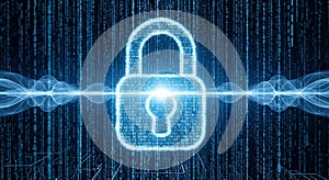 Glowing blue digital padlock with binary code and wave patterns cybersecurity abstract