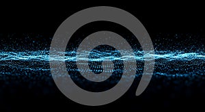 A bright blue digital wave representing complex data visualization flows across a dark field