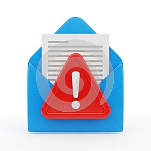 Blue envelope with document and red warning sign on white background email message