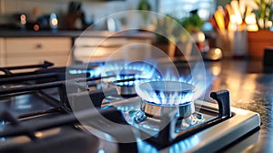 Bright blue flames swirl mesmerizingly above a shiny metal cap on a gas stove, showcasing the beauty of fire in a cozy kitchen photo