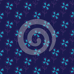 Bright blue four-leaf clower votanic seamless pattern in doodle style. Navy blue background