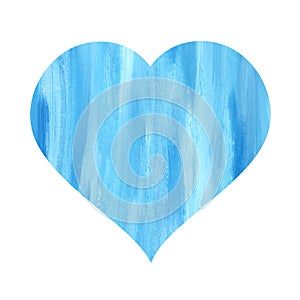 Bright blue heart with turquoise and white vertical stripes isolated on a white background. Watercolor illustration. For the