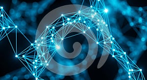 Bright blue interconnected points and lines creating a complex digital network structure with glowing highlights on a