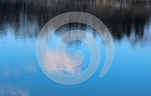 Bright blue January sky, fluffy white clouds and silhouettes of trees reflecting in the calm waters of a city lake