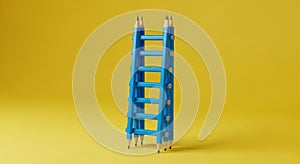 Blue Ladder Made of Pencils on a Yellow Background Keywords: ladder, pencils, blue, yellow, background, education, creativity,