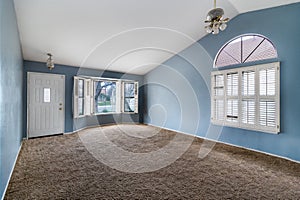 Bright Blue large empty room with carpet floor, molding and windows.