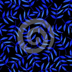 Bright blue leaves and branches on a black background. Seamless pattern. Hand painted, botanical pattern. For printing