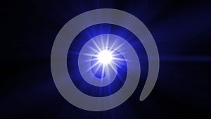 Bright blue light with flickering rays appearing and dissappearing while moving by curved trajectory and spinning on