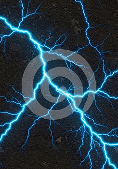 Bright blue lightning-like patterns crackle across a dark, textured surface. The vivid, photo
