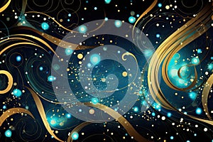 Bright Blue Lights Texture Background, Colorful Swirls on Dark, Glittery and Shiny Lines Pattern