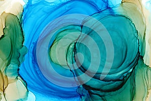 Bright blue and ocher colorful watercolor background. Hand drawn sky blue and green brush strokes, blobs, waves, layers gradient. photo