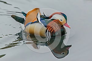 Bright blue, orange, white, red, orange, black and brown mandarin male duck