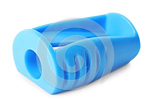 Bright blue pencil sharpener isolated on white. School stationery