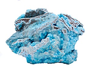 Bright blue rough hemimorphite from Wenshan, Yuunan Province, China isolated on white