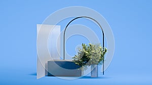 Bright blue scene with thin arc, plant and square podium. Minimal design. 3d rendering.