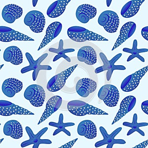Bright blue shell and starfish pattern on light background ideal for