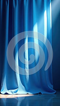 Bright blue silk curtain, sharp spotlight beam, texture, light, background