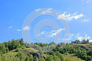 Bright blue sky above the forest growing on top of the mountains. beautiful natural background
