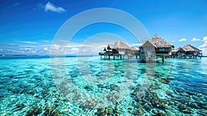 Bright blue sky and clear sea at a luxury island resort with private overwater bungalows. Private retreats