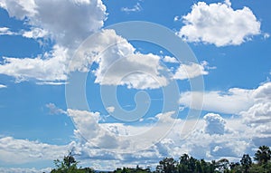 Bright blue sky with fluffy white clouds. Clearing day and Good weather. Blue sky background