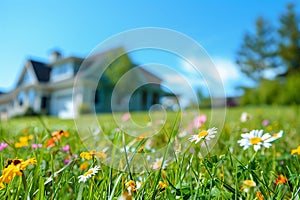 bright blue sky, green grass in the foreground, a house behind, and flowers growing in front of the house. the house and flowers