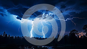 Bright blue sky illuminates the dark night, nature electricity generated by AI