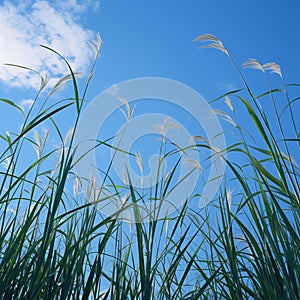 Bright blue sky with reed flower Phragmites australis from below