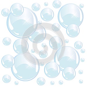Bright blue soap bubbles on white background