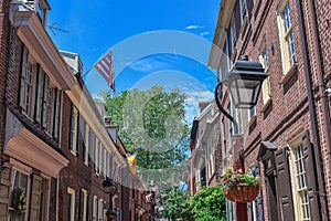 Bright blue Summer sky over Historic Elfreth`s Alley Philadelphia, Pennsylvania